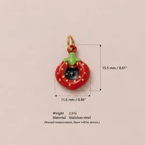 Detail showing dimensions of a cute strawberry cat pendant charm in stainless steel