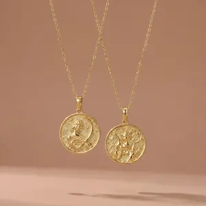 Elegant vintage gold plated goddess coin pendant necklace with mythological embossed figures
