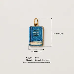 Detailed view of blue 316 stainless steel book charm with dimensions and weight info