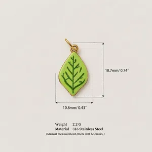 Detail view showing dimensions of green leaf pendant made of 316 stainless steel