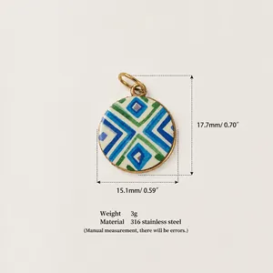 Detail view of 316 stainless steel round pendant with geometric pattern and dimensions