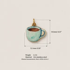 Detailed view of coffee cup charm made from 316 stainless steel with size and weight info.