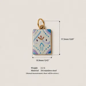 Detail showing 316 stainless steel rectangular pendant charm with dimensions and weight.