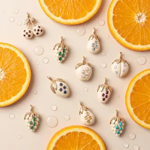 Gros plan de pendentifs en émail en forme de fruits avec pierres colorées et oranges