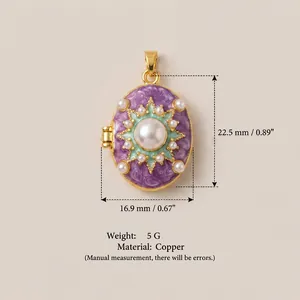 Detailed view of vintage purple enamel locket pendant with dimensions and copper material info