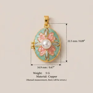 Detailed view of enamel floral locket pendant with pearl center and size specs.