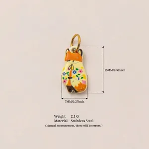 Fox pendant charm in stainless steel with floral enamel detailing, 15mm x 7mm size.
