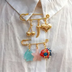 Vintage Copper Gold Plated Safety Pin Brooch With DIY Charms Fish Heart Cherry Mushroom Rhinestone Pendants Fashion Jewelry Unisex