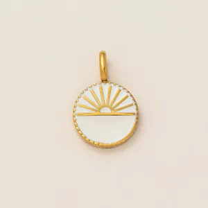Elegant gold-plated stainless steel sunburst circular pendant featuring white enamel finish