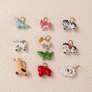 Colgante Mundo Animal de Acero Inoxidable para DIY Joyería Chapado en Oro 18K Esmalte Dinosaurio Cebra Jirafa León Diamante de Imitación Charm