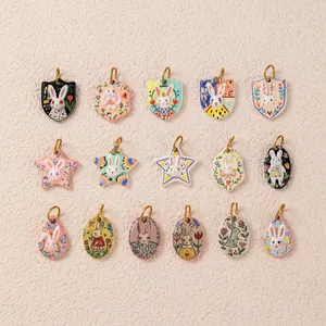 Collier Pendentif en Acier Inoxydable Imprimé Floral Lapin de Dessin Animé Plaqué Or 18K Accessoires DIY Bijoux Étoile