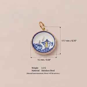 Detailed view of the 15mm stainless steel round charm with size measurements