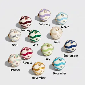 Twelve months birthstone beads for DIY jewelry with wavy enamel patterns and gems
