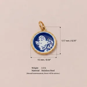 Gold-plated stainless steel circular pendant with blue enamel bird motif for DIY jewelry