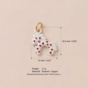 Detail of white enamel pony charm with red hearts showing 14mm size and material specs