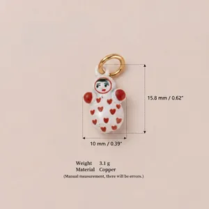Close-up view of a cute doll pendant charm showing 15.8mm height and 3.1g weight info