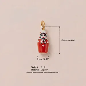 Macro detail view of a copper Matryoshka doll charm with precise size and weight dimensions