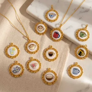 Roestvrij Stalen Borduurstijl Kopjes Hanger Ketting 18K Vergulde Koffie Thee Kopje Waterkoker Hanger Voor Vrouwen Vintage Sieraden