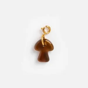 Macro view of a brown resin mushroom charm with a high-quality gold spring clasp accessory