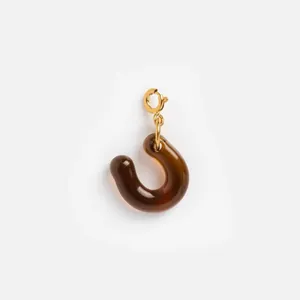Detailed view of a stylish amber resin hook pendant with gold stainless steel clasp