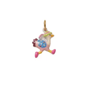 Enamel running bird charm with floral pattern in pink stainless steel for DIY jewelry