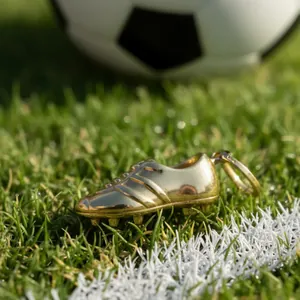 Macro detail of a 18K gold plated stainless steel football shoe pendant on green grass