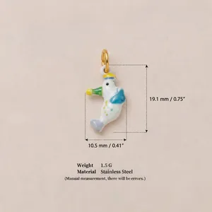 Detailed macro view of a colorful animal-themed enamel pendant with size specifications