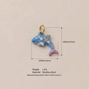 Detailed view of light blue floral dolphin pendant in stainless steel with dimensions