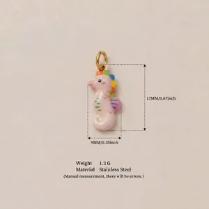 Detail view of colorful seahorse pendant with size 17mm x 9mm and material info
