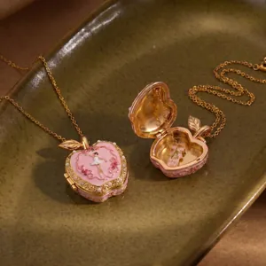 Vintage Enamel Apple Locket Necklace For Women Girl Copper 14K Gold Plated Carousel Ballerina Pendant Necklace Rhinestone Artificial Pearl Jewelry Gift