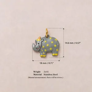 Detail view of gray stainless steel rhino charm showing precise dimensions and material info