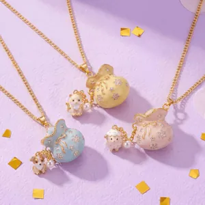 Cute Enamel Lucky Bag Animal Pendant Necklace Copper Rhinestone Artificial Pearl Dog Cat Sheep Charm Jewelry For Women Girl