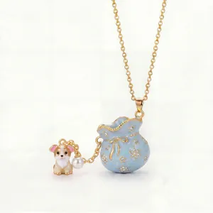 Detailed macro view of enamel lucky bag necklace with cute puppy charm and pearl accent
