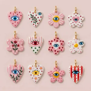 Colorful Heart Evil Eye Flower Printed Acrylic Pendant DIY Jewelry Accessory Bohemian Vintage Alloy Charm For Women Necklace Making