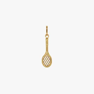 Detailed macro view of 18K gold plated stainless steel tennis racket pendant accessory.