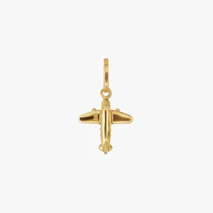 Detailed top view of a gold airplane pendant charm with polished metallic finish
