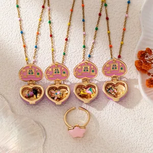 Vintage Cute Pink Gold Heart Star Opening Locket Necklace And Ring For Women Copper Enamel Micro Landscape Jewelry Gift