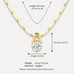 Elegant round cubic zirconia pendant necklace with white braided cord jewelry, 40+5cm length