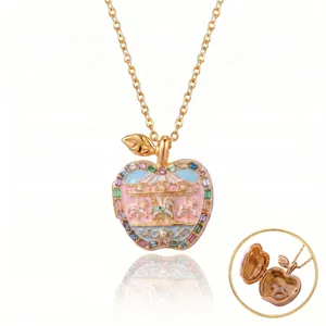 Elegant pink gold apple shaped locket necklace with carousel design for teenage girls