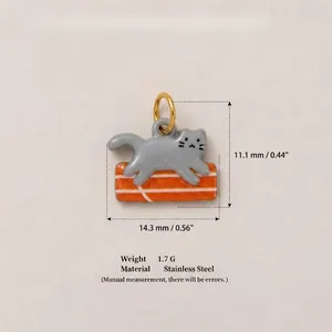 Detail view of a cute stainless steel cat charm showing its precise dimensions and weight
