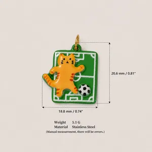 Macro view of stainless steel cat soccer pendant with detailed size and weight specs
