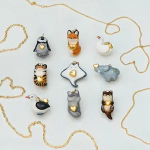 Cute Stainless Steel Animal Enamel Pendant Necklace Penguin Fox Tiger White Goose Heart Charm Cartoon Jewelry For Women