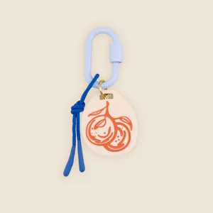 Hand-drawn minimalist keychain with blue carabiner clasp and orange peach pendant