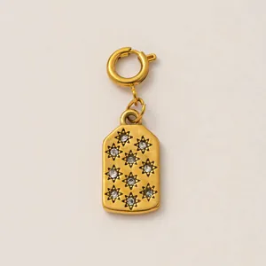 Detailed macro view of gold plated stainless steel celestial sunburst charm with crystals