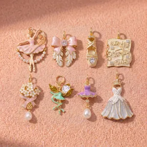 Collection of elegant pink ballet dancer and fairy enamel pendants for DIY jewelry