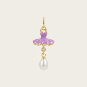 Elegant purple ballerina tutu dress pendant with teardrop pearl and gold-tone hardware detail