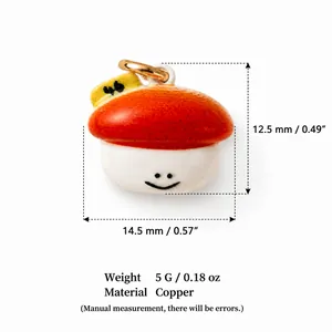 Macro detail of cute mushroom bun copper pendant showing dimensions and weight info