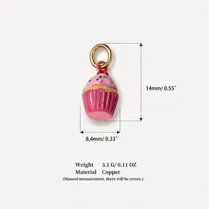 Macro view showing dimensions and weight of a pink enamel cupcake charm for DIY jewelry