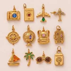 Stainless Steel Gold Travel Theme Pendant Necklace For Women Rhinestone Camera Airplane Globe Passport Charm Necklace Jewelry