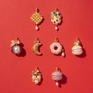 Copper Gold Plated Food Series Pendant Charm With Rhinestone Artificial Pearl Enamel Waffle Donut Croissant Strawberry For DIY Jewelry Making Necklace